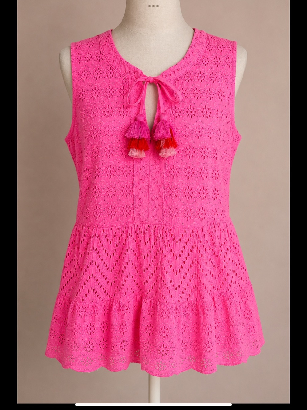 NWT Vineyard Vines Pink Wave Eyelet Embroidered Cotton Peplum Blouse Size L